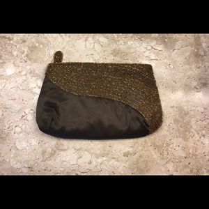 DONATED Brown satin beaded handbag